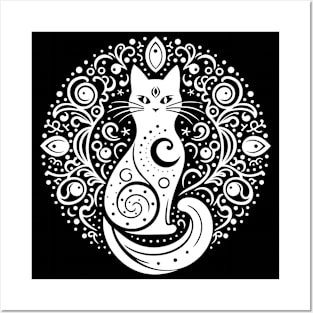 The Mystery Feline Mandala. White Posters and Art